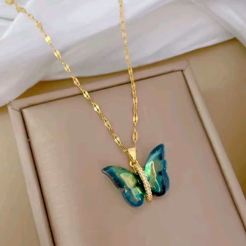 Elegant Gold and Colorful Butterfly Crystal Charm Pendant Necklace - Picture 6 of 6